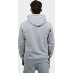 A unisex hoodie in grey with a kangaroo pocket and a hood, featuring a logo on the back.