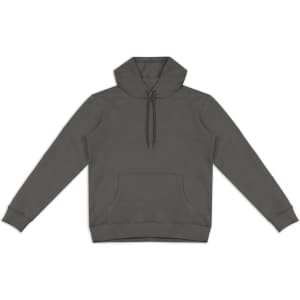 A unisex hoodie in dark grey featuring a front pocket and a drawstring hood. Includes a logo on the garment.