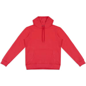 A unisex hoodie in vibrant red with a front pocket and an adjustable hood. Includes a logo detail.