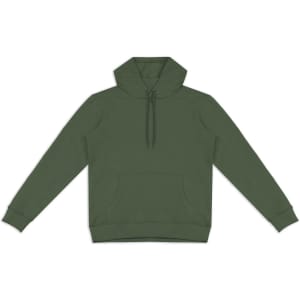 A unisex hoodie in olive green with a front pocket and a hood, featuring a brand logo.