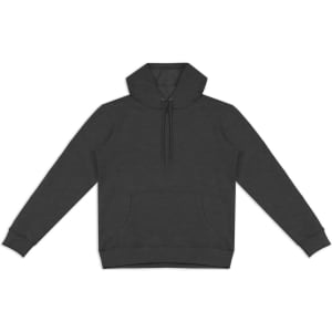 A unisex hoodie in dark grey with a kangaroo pocket and drawstring hood, featuring a logo.