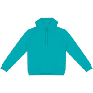 A turquoise unisex hoodie featuring a pouch pocket and a hood, with a drawstring and ribbed cuffs.