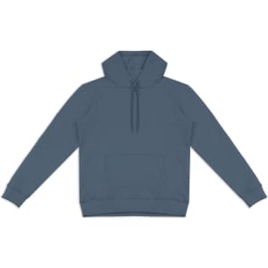 A unisex hoodie in a muted blue hue, featuring a front pocket and a hood, with a logo on the chest.