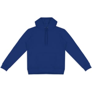 A blue unisex hoodie featuring a front pocket and a hood, with a drawstring and branding present.