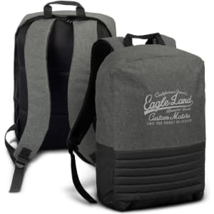 A green and black backpack featuring a branding logo on the front and padded shoulder straps.