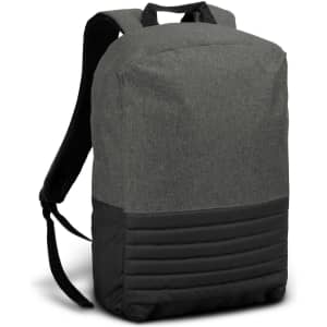 A grey backpack with a textured finish and black bottom, featuring two adjustable straps and a logo.