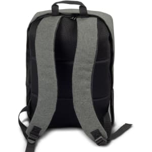 A grey and black backpack featuring padded shoulder straps and a mesh back panel, with a logo on it.