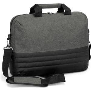 A grey and black laptop bag with dual handles and a detachable shoulder strap, featuring a textured design.