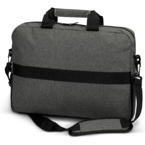 A grey laptop bag with a detachable shoulder strap and two handles, featuring a black band across the front and a logo.