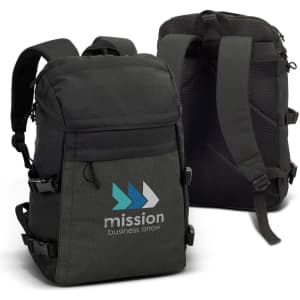 A dark green backpack featuring adjustable straps and a logo on the front. It has a padded back panel for comfort.
