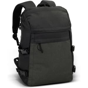 A dark green and black backpack with adjustable straps and a front pocket. It has a logo on the side.