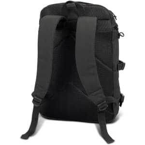 A dark green backpack featuring padded shoulder straps and a textured back panel for comfort. It has adjustable straps and a logo.