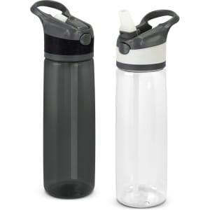 A drink bottle duo featuring a dark grey bottle and a clear bottle, both with flip-top lids and integrated handles.