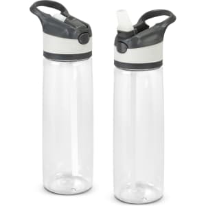 A drink bottle featuring a clear body with grey accents, a flip-top lid, and a reusable straw.