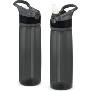 A drink bottle in grey with a white spout, featuring a handle and textured grip, displaying branding.