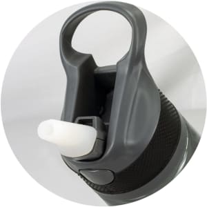 A drink bottle in dark grey with a wide opening and straw feature, designed for easy sipping. It has a logo.