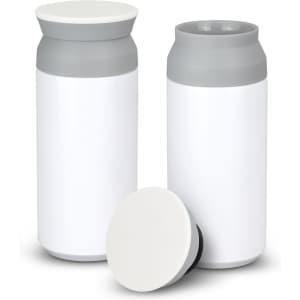 A drink bottle set featuring two white vacuum cups with grey lids, one with the lid removed.