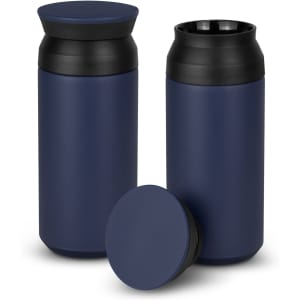 A drink bottle duo in navy blue with black lids, featuring a sleek design and a simple logo.