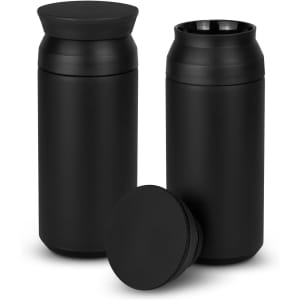 A drink bottle set featuring two sleek, black vacuum cups with matching lids. One lid is placed upside down.
