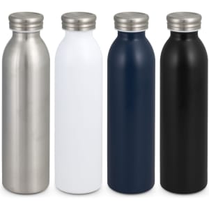 A drink bottle collection featuring stainless steel, white, navy blue, and black designs, each with a metal lid and branding.