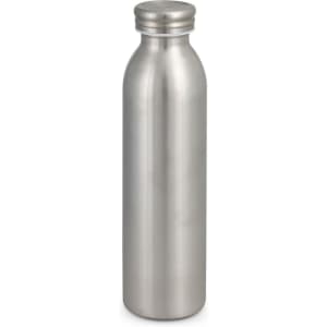 A drink bottle with a sleek stainless steel finish, featuring a simple design and a metallic cap.