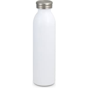 A drink bottle in white with a stainless steel lid and a sleek, minimalist design, featuring a logo.