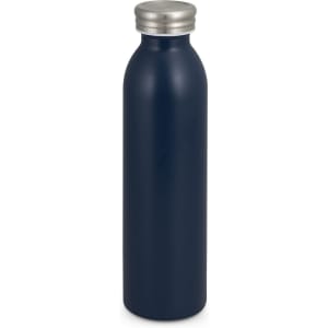 A navy blue drink bottle with a stainless steel lid and a smooth matte finish. It features a logo.
