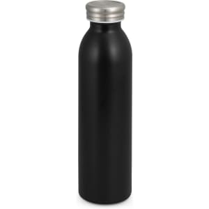 A drink bottle with a sleek black body and a silver metal cap, featuring a simple design and a branding logo.