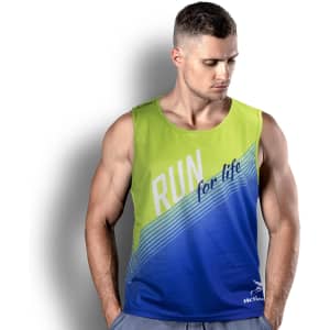 A men's sports singlet in vibrant green and blue, featuring a logo and graphic design.