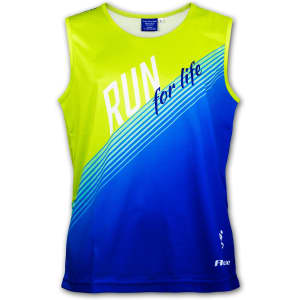 A sleeveless sports singlet in bright yellow and blue, featuring a logo and diagonal stripes.