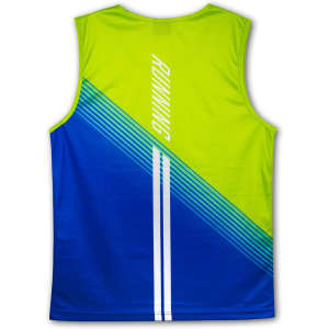A bright green and blue men's sports singlet featuring diagonal stripes and a logo on the back.