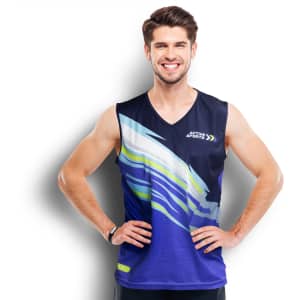 A men's performance singlet in navy blue with a multicoloured abstract design and a logo on the chest.