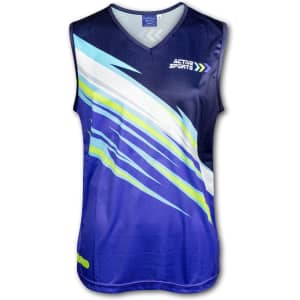 A men's performance singlet in blue with vibrant graphics and a branded logo.