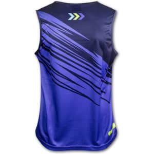 A men's performance singlet in navy blue, featuring dynamic abstract patterns and a logo.