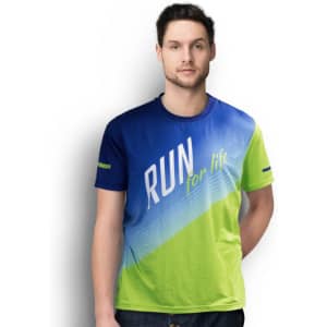 A men's sports t-shirt featuring a blue and green gradient design with a logo on the front.