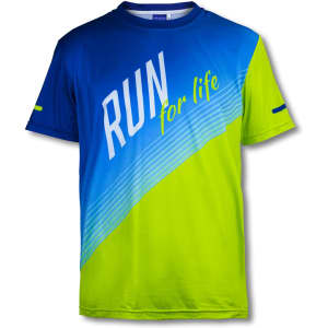 A custom men's sports T-shirt featuring a blue and green design with the words "RUN for life" and a logo.