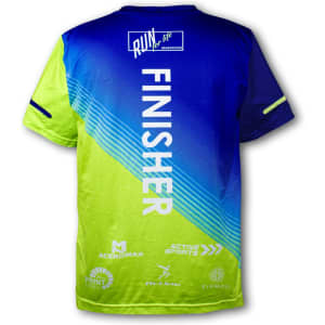 A custom men's sports t-shirt featuring a blue and neon green design, with a logo on the back and a "FINISHER" label.