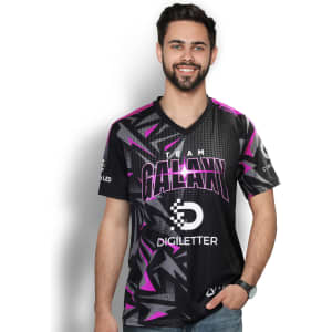 A men's V-neck T-shirt in black with pink and grey graphic designs, featuring a logo.