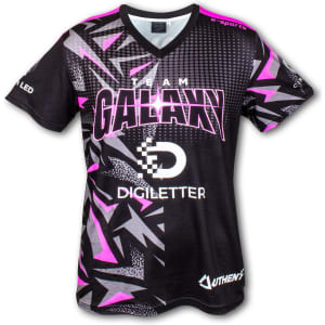 A black and pink men's sports V-neck T-shirt with geometric patterns and a logo.