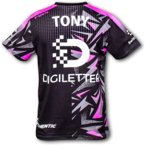 A custom men's sports V-neck T-shirt in black with pink and geometric patterns, featuring a logo on the back.
