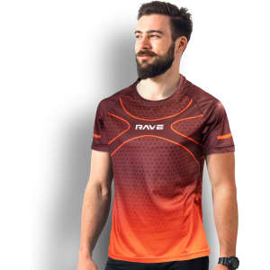A men's performance T-shirt in shades of brown and orange with a logo on the front.