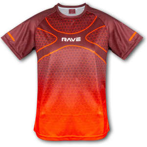A men's performance t-shirt in shades of brown and orange, featuring a honeycomb pattern and a logo.