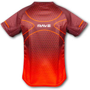 A men's performance t-shirt in shades of maroon and orange, featuring a hexagonal pattern and a logo on the back.