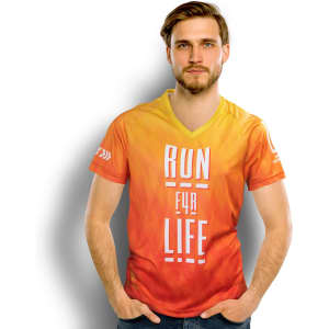 A vibrant orange and yellow men's performance V-neck T-shirt featuring a logo.