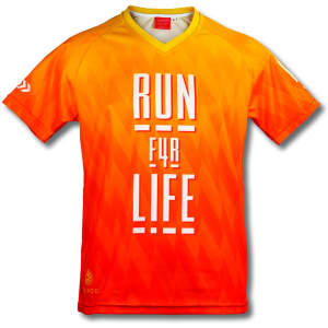 A vibrant orange and yellow performance V-neck T-shirt with a logo and bold text design.