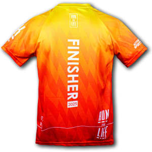 A vibrant orange and yellow performance V-neck T-shirt with a logo and branding.