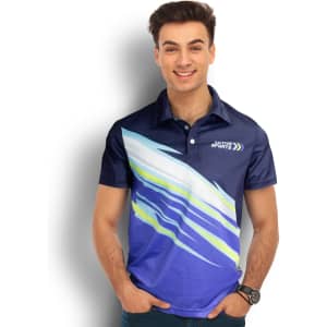 A blue and yellow custom men's sports polo shirt featuring a logo, designed with a dynamic graphic pattern.