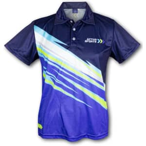 A navy blue men's sports polo featuring a dynamic blue and green design, with a logo on the front.