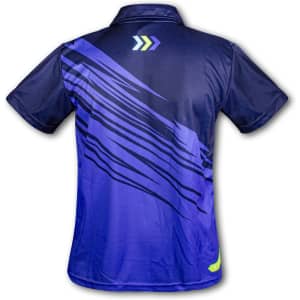 A navy blue men's sports polo featuring a dynamic abstract design in shades of blue and green, with a logo on the front.