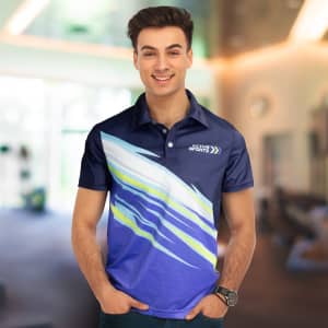 A man wearing a blue and navy polo shirt with a logo and a dynamic striped design.